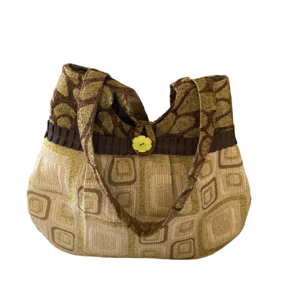 Handcrafted Green Brown Recycled Upholstery Fabric Purse w/Button Closure - Picture 3 of 8